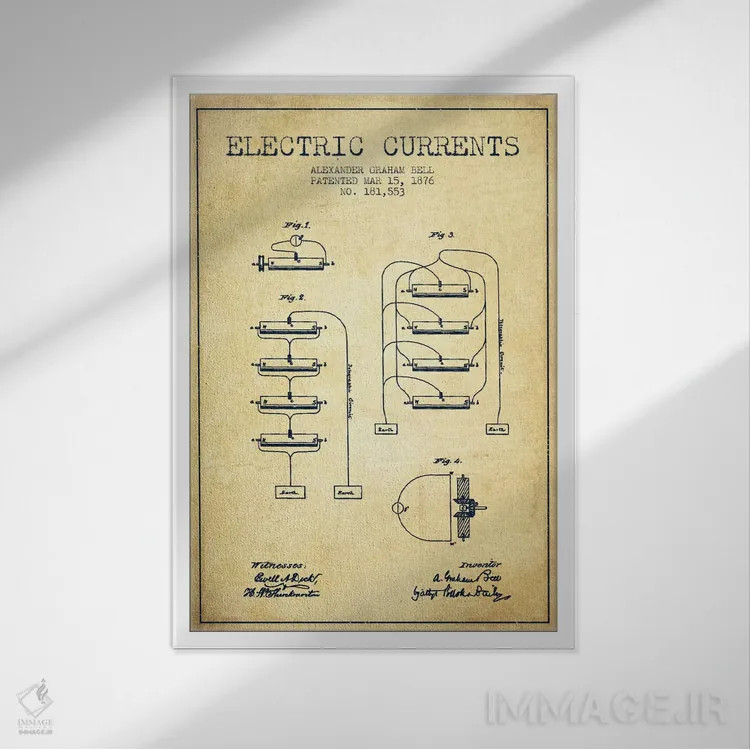 تابلو نقشهٔ اختراع جریانهای الکتریکی (قدیمی) اثر پیکسل کهنه (استودیو/نام هنری) - نمای قابدار سفید