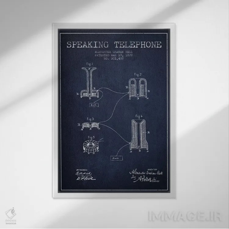 تابلو نقشهٔ اختراع تلفن گویا (سرمهای) اثر پیکسل کهنه (استودیو/نام هنری) - نمای قابدار سفید