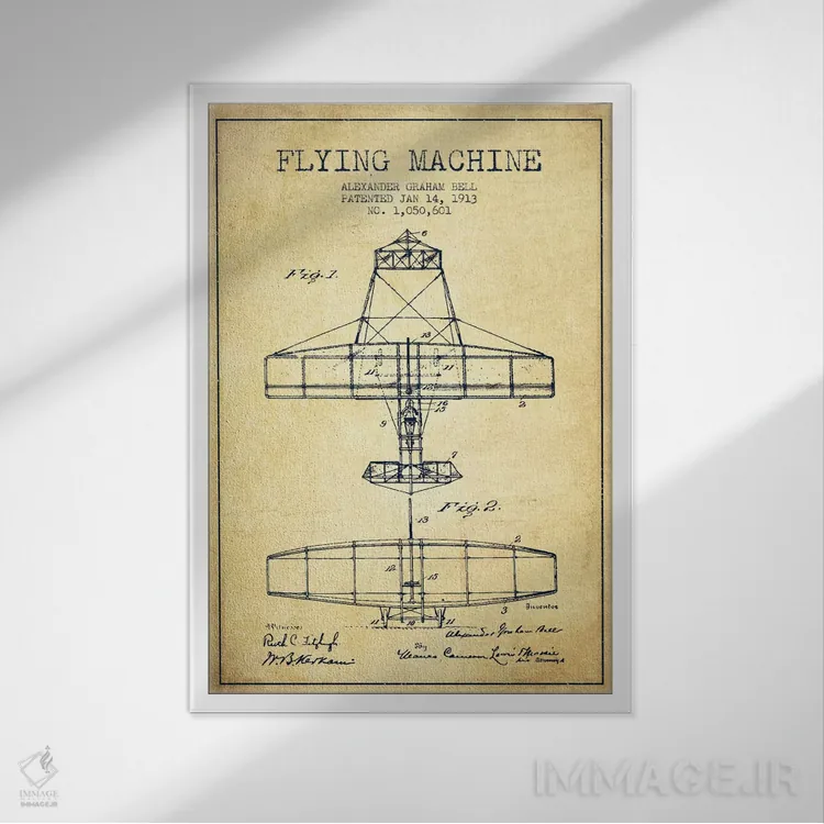 تابلو نقشهٔ اختراع ماشین پرنده (قدیمی) اثر پیکسل کهنه (استودیو/نام هنری) - نمای قابدار سفید