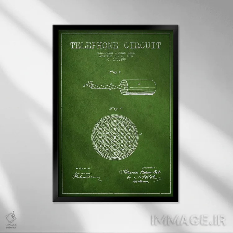 تابلو نقشهٔ اختراع مدار تلفن (سبز) اثر پیکسل کهنه (استودیو/نام هنری) - نمای قابدار مشکی