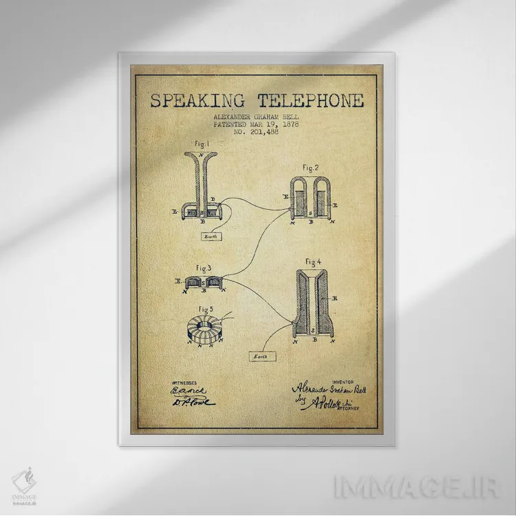 تابلو نقشهٔ اختراع تلفن گویا (قدیمی) اثر پیکسل کهنه (استودیو/نام هنری) - نمای قابدار سفید