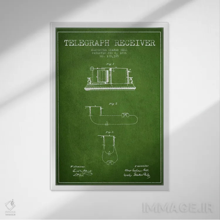 تابلو نقشهٔ اختراع گیرنده تلگراف (سبز) اثر پیکسل کهنه (استودیو/نام هنری) - نمای قابدار سفید