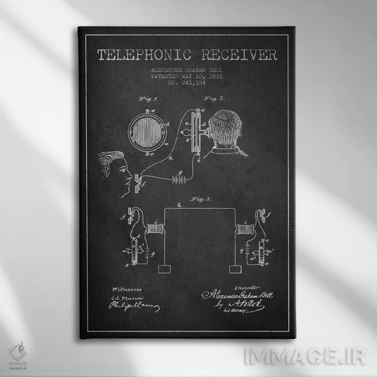 تابلو نقشهٔ اختراع گیرنده تلفنی (ذغالی) اثر پیکسل کهنه (استودیو/نام هنری) - نمای روبهرو روی دیوار