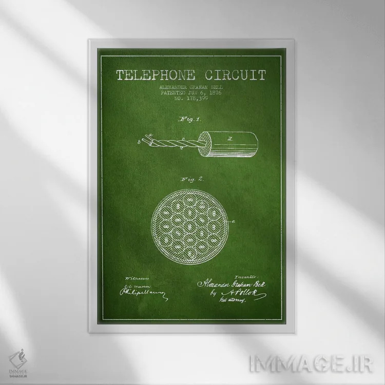 تابلو نقشهٔ اختراع مدار تلفن (سبز) اثر پیکسل کهنه (استودیو/نام هنری) - نمای قابدار سفید