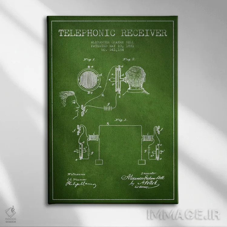 تابلو نقشهٔ اختراع گیرنده تلفنی (سبز) اثر پیکسل کهنه (استودیو/نام هنری) - نمای روبهرو روی دیوار