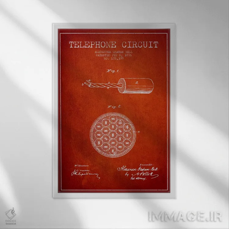 تابلو نقشهٔ اختراع مدار تلفن (قرمز) اثر پیکسل کهنه (استودیو/نام هنری) - نمای قابدار سفید