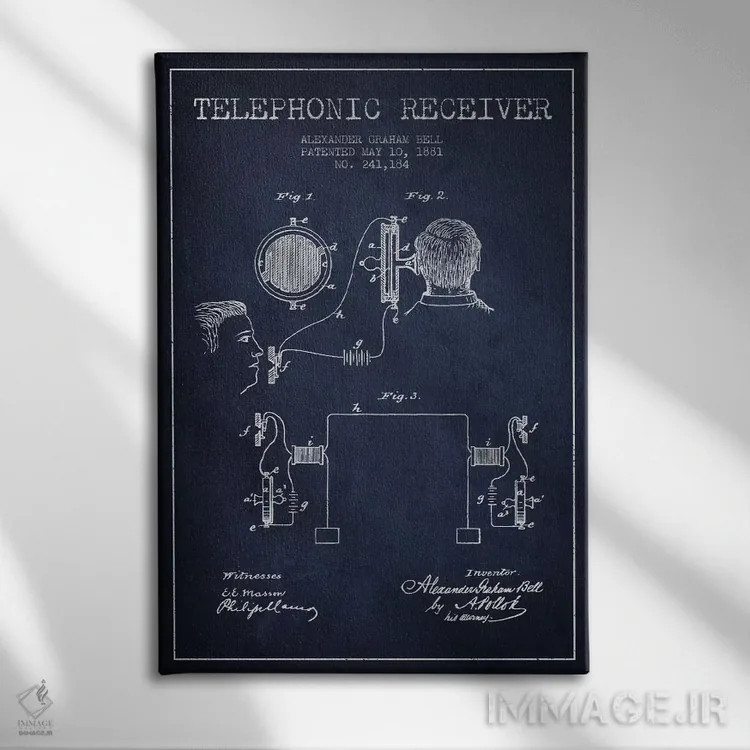 تابلو نقشهٔ اختراع گیرنده تلفنی (سرمهای) اثر پیکسل کهنه (استودیو/نام هنری) - نمای روبهرو روی دیوار