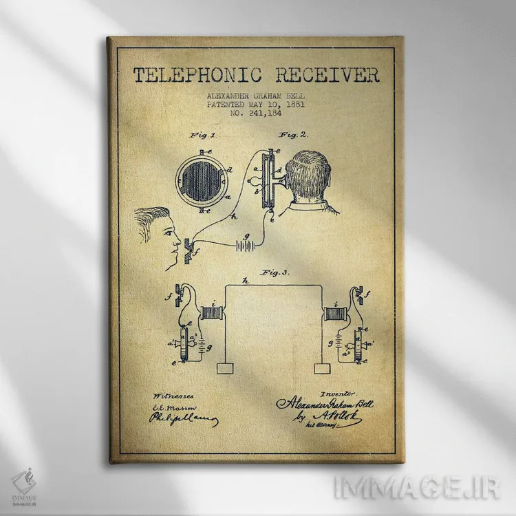 تابلو نقشهٔ اختراع گیرنده تلفنی (قدیمی) اثر پیکسل کهنه (استودیو/نام هنری) - نمای روبهرو روی دیوار