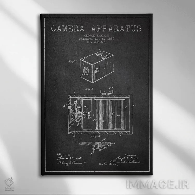 تابلو نقشهٔ اختراع دوربین (ذغالی) اثر پیکسل کهنه (استودیو/نام هنری) - نمای روبهرو روی دیوار