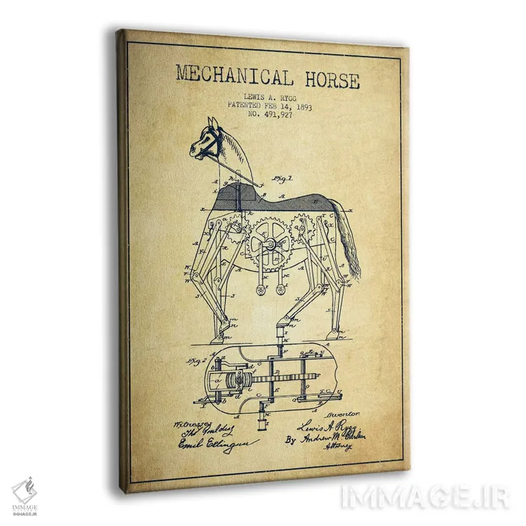 تابلو نقشهٔ اختراع اسب مکانیکی (قدیمی) اثر پیکسل کهنه (استودیو/نام هنری) - نمای پرسپکتیو محصول