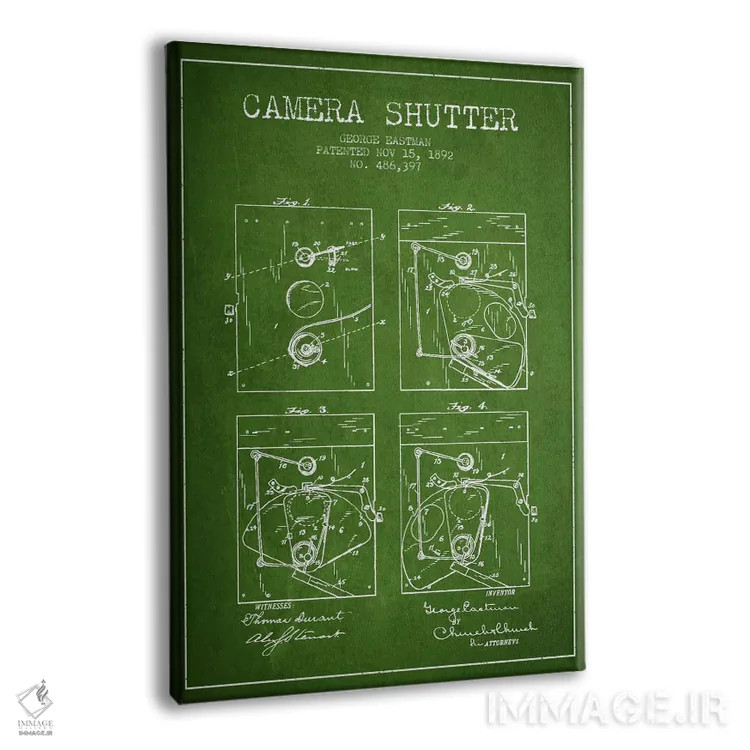 تابلو نقشهٔ اختراع شاتر دوربین (سبز) اثر پیکسل کهنه (استودیو/نام هنری) - نمای پرسپکتیو محصول