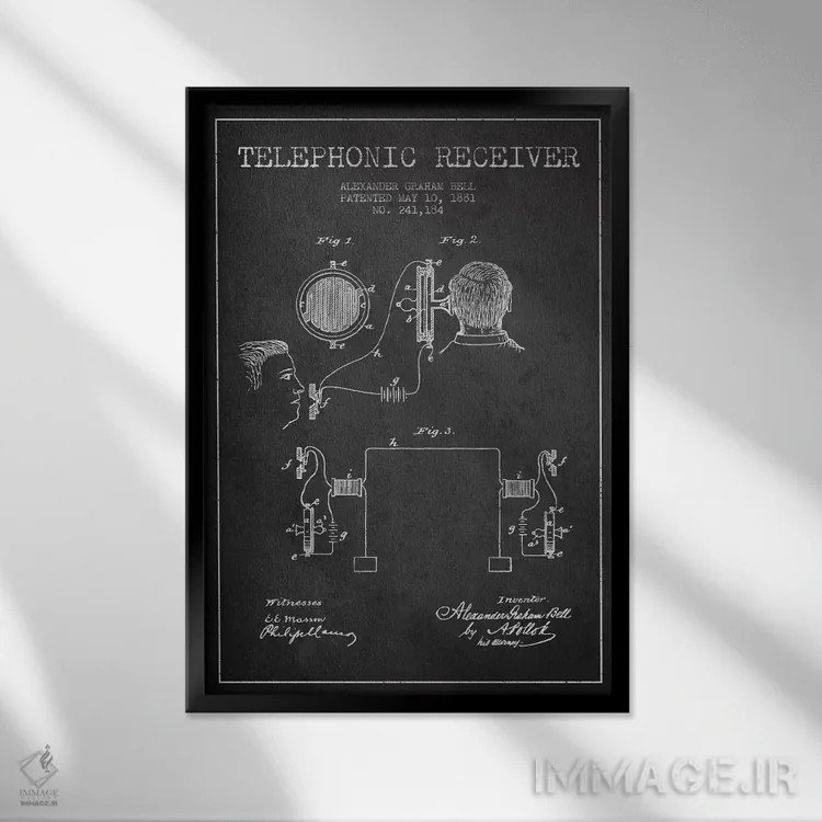 تابلو نقشهٔ اختراع گیرنده تلفنی (ذغالی) اثر پیکسل کهنه (استودیو/نام هنری) - نمای قابدار مشکی