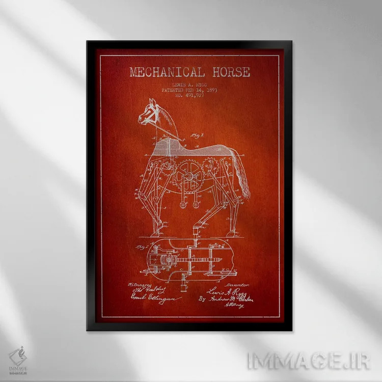 تابلو نقشهٔ اختراع اسب مکانیکی (قرمز) اثر پیکسل کهنه (استودیو/نام هنری) - نمای قابدار مشکی