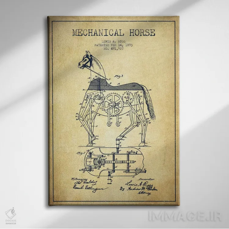 تابلو نقشهٔ اختراع اسب مکانیکی (قدیمی) اثر پیکسل کهنه (استودیو/نام هنری) - نمای روبهرو روی دیوار