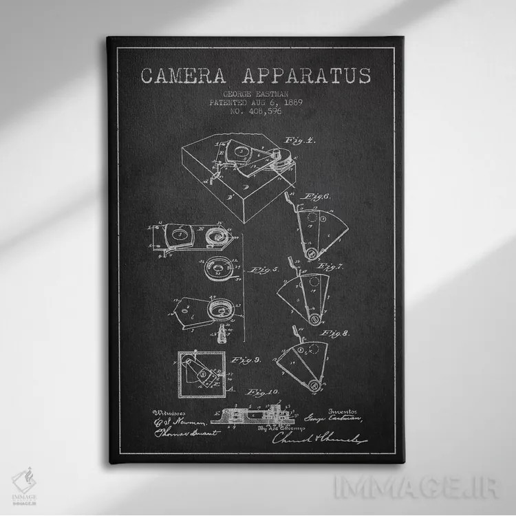 تابلو نقشهٔ اختراع دوربین (ذغالی) اثر پیکسل کهنه (استودیو/نام هنری) - نمای روبهرو روی دیوار