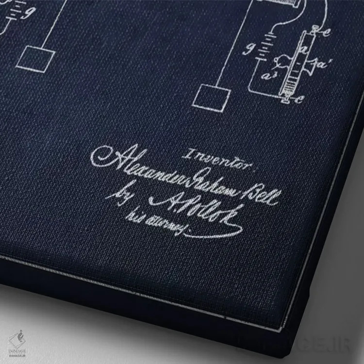 تابلو نقشهٔ اختراع گیرنده تلفنی (سرمهای) اثر پیکسل کهنه (استودیو/نام هنری) - نمای نزدیک بافت بوم