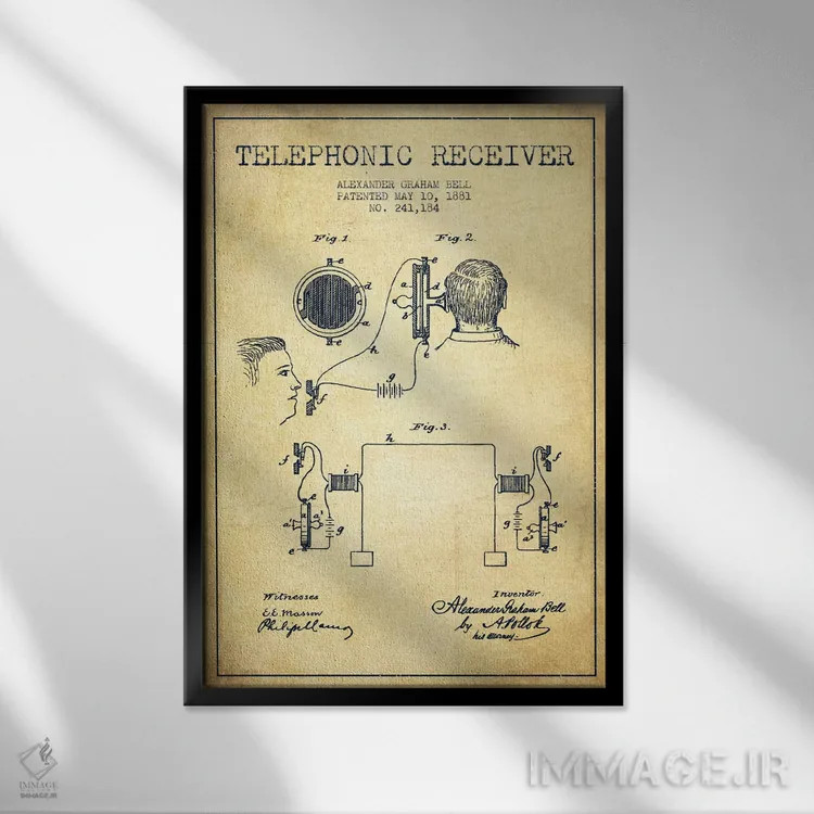 تابلو نقشهٔ اختراع گیرنده تلفنی (قدیمی) اثر پیکسل کهنه (استودیو/نام هنری) - نمای قابدار مشکی