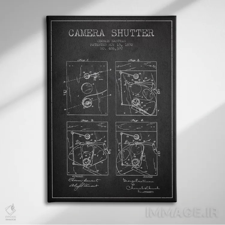 تابلو نقشهٔ اختراع شاتر دوربین (ذغالی) اثر پیکسل کهنه (استودیو/نام هنری) - نمای روبهرو روی دیوار