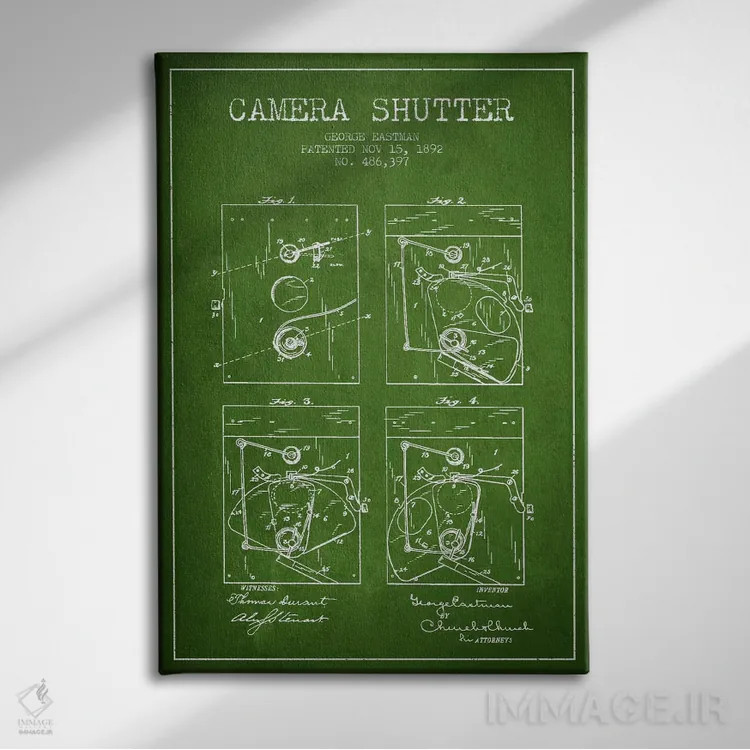 تابلو نقشهٔ اختراع شاتر دوربین (سبز) اثر پیکسل کهنه (استودیو/نام هنری) - نمای روبهرو روی دیوار