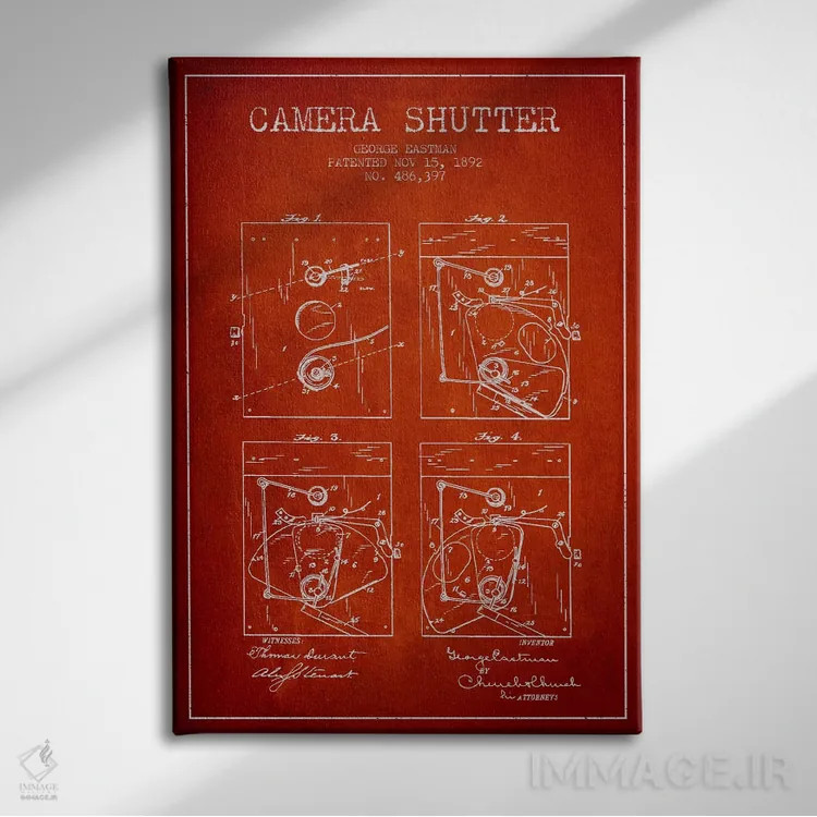 تابلو نقشهٔ اختراع شاتر دوربین (قرمز) اثر پیکسل کهنه (استودیو/نام هنری) - نمای روبهرو روی دیوار