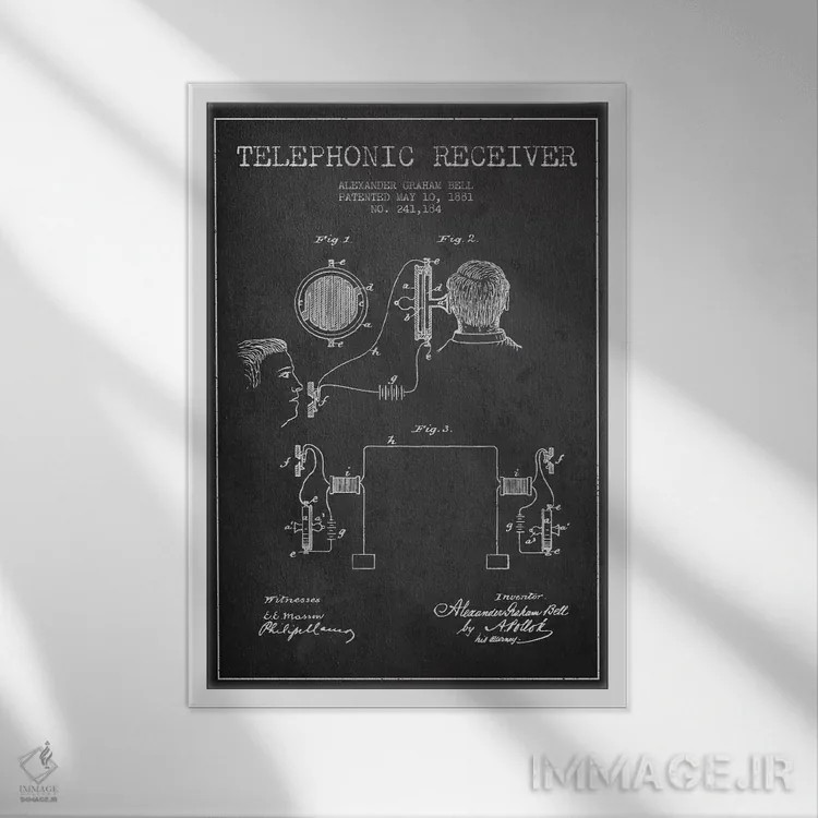 تابلو نقشهٔ اختراع گیرنده تلفنی (ذغالی) اثر پیکسل کهنه (استودیو/نام هنری) - نمای قابدار سفید