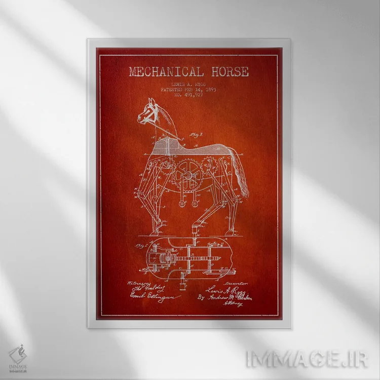 تابلو نقشهٔ اختراع اسب مکانیکی (قرمز) اثر پیکسل کهنه (استودیو/نام هنری) - نمای قابدار سفید