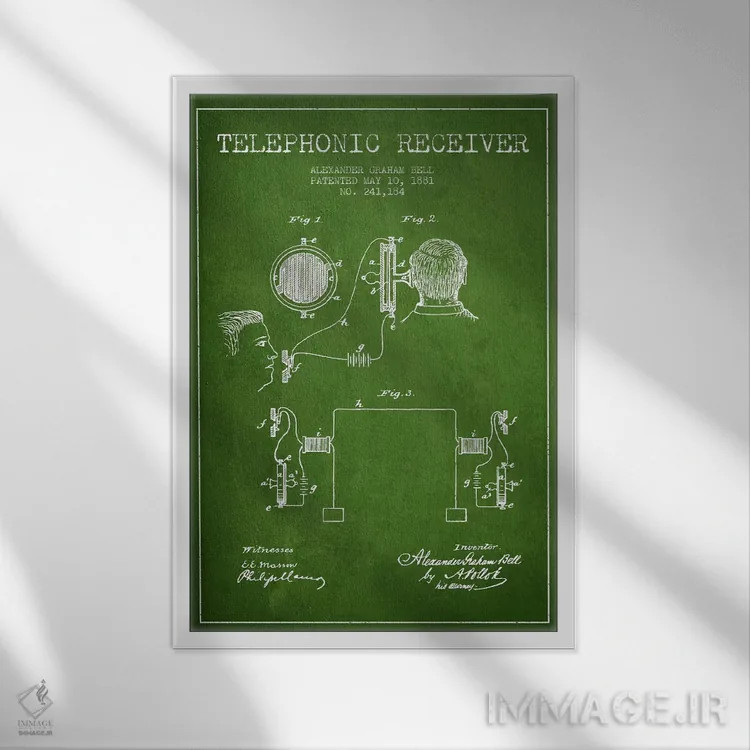 تابلو نقشهٔ اختراع گیرنده تلفنی (سبز) اثر پیکسل کهنه (استودیو/نام هنری) - نمای قابدار سفید