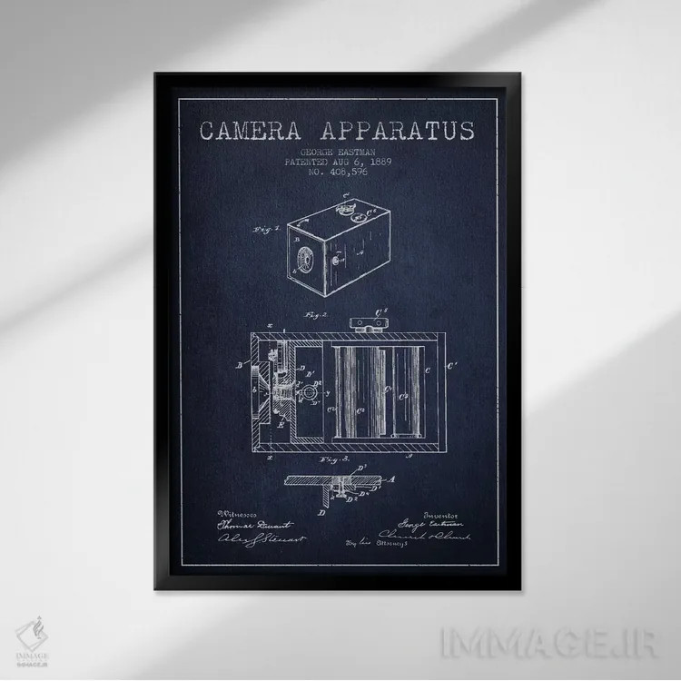تابلو نقشهٔ اختراع دوربین (سرمهای) اثر پیکسل کهنه (استودیو/نام هنری) - نمای قابدار مشکی