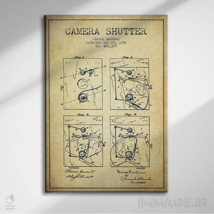 تابلو نقشهٔ اختراع شاتر دوربین (قدیمی) اثر پیکسل کهنه (استودیو/نام هنری) - نمای روبهرو روی دیوار