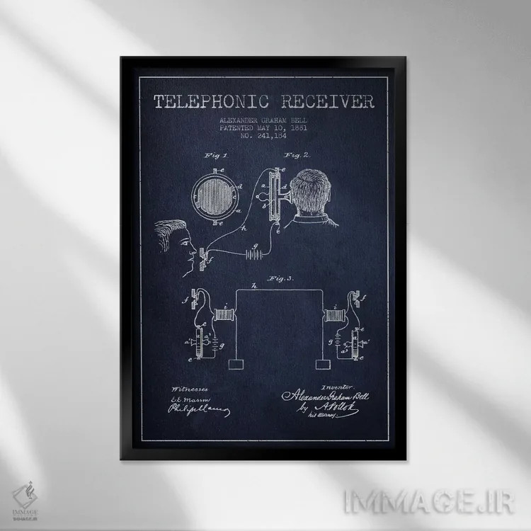 تابلو نقشهٔ اختراع گیرنده تلفنی (سرمهای) اثر پیکسل کهنه (استودیو/نام هنری) - نمای قابدار مشکی