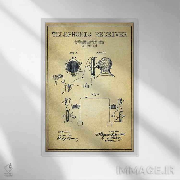 تابلو نقشهٔ اختراع گیرنده تلفنی (قدیمی) اثر پیکسل کهنه (استودیو/نام هنری) - نمای قابدار سفید