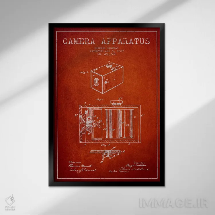 تابلو نقشهٔ اختراع دوربین (قرمز) اثر پیکسل کهنه (استودیو/نام هنری) - نمای قابدار مشکی