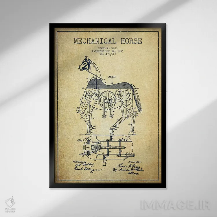 تابلو نقشهٔ اختراع اسب مکانیکی (قدیمی) اثر پیکسل کهنه (استودیو/نام هنری) - نمای قابدار مشکی