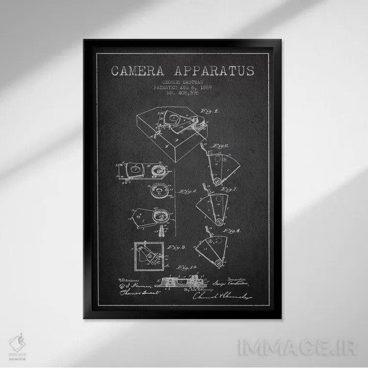 تابلو نقشهٔ اختراع دوربین (ذغالی) اثر پیکسل کهنه (استودیو/نام هنری) - نمای قابدار مشکی