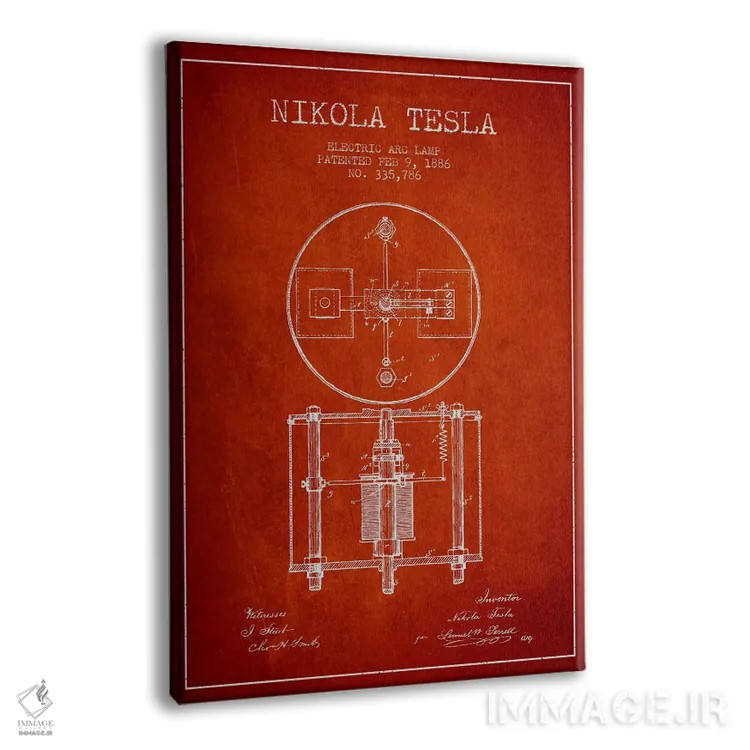 تابلو نقشهٔ اختراع چراغ قوس تسلا (قرمز) اثر پیکسل کهنه (استودیو/نام هنری) - نمای پرسپکتیو محصول