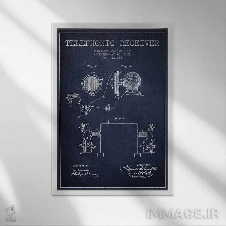تابلو نقشهٔ اختراع گیرنده تلفنی (سرمهای) اثر پیکسل کهنه (استودیو/نام هنری) - نمای قابدار سفید