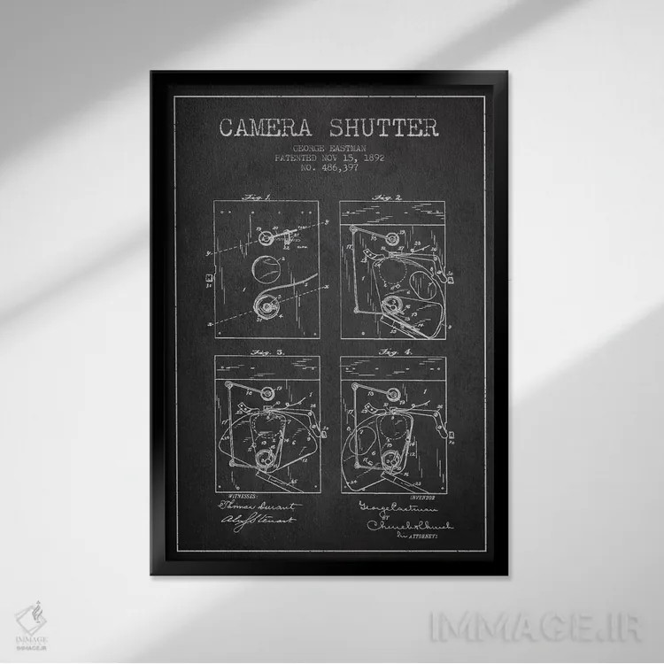تابلو نقشهٔ اختراع شاتر دوربین (ذغالی) اثر پیکسل کهنه (استودیو/نام هنری) - نمای قابدار مشکی