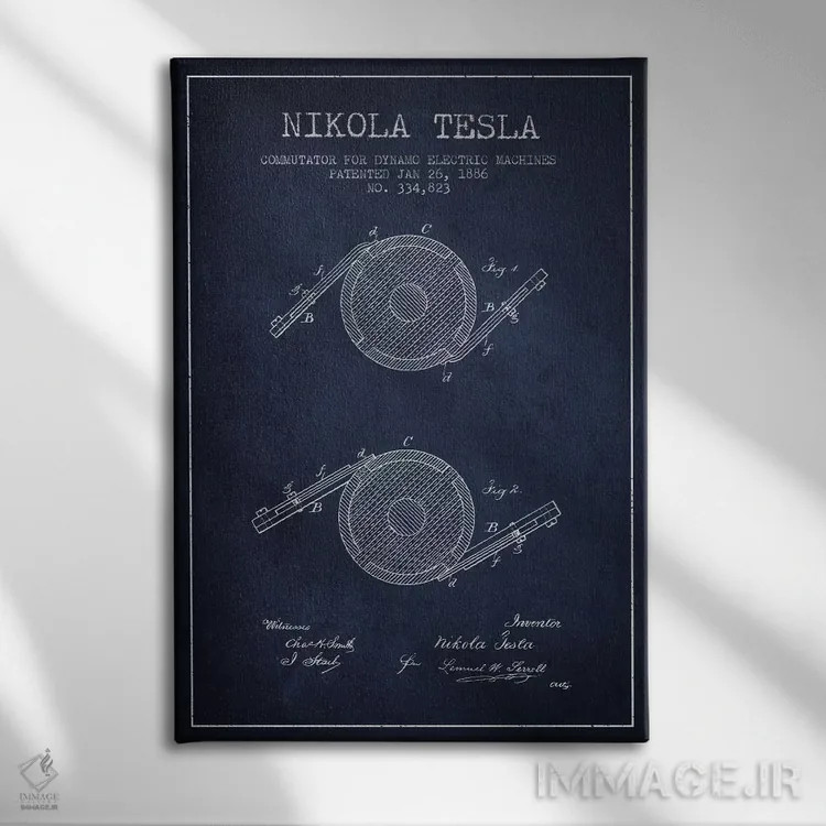 تابلو نقشهٔ اختراع کموتاتور تسلا (سرمهای) اثر پیکسل کهنه (استودیو/نام هنری) - نمای روبهرو روی دیوار