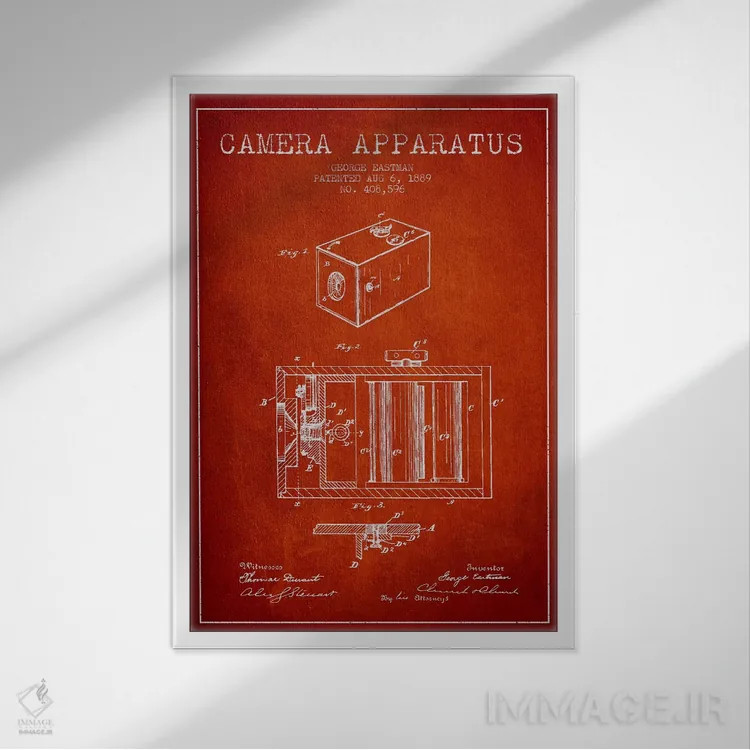 تابلو نقشهٔ اختراع دوربین (قرمز) اثر پیکسل کهنه (استودیو/نام هنری) - نمای قابدار سفید