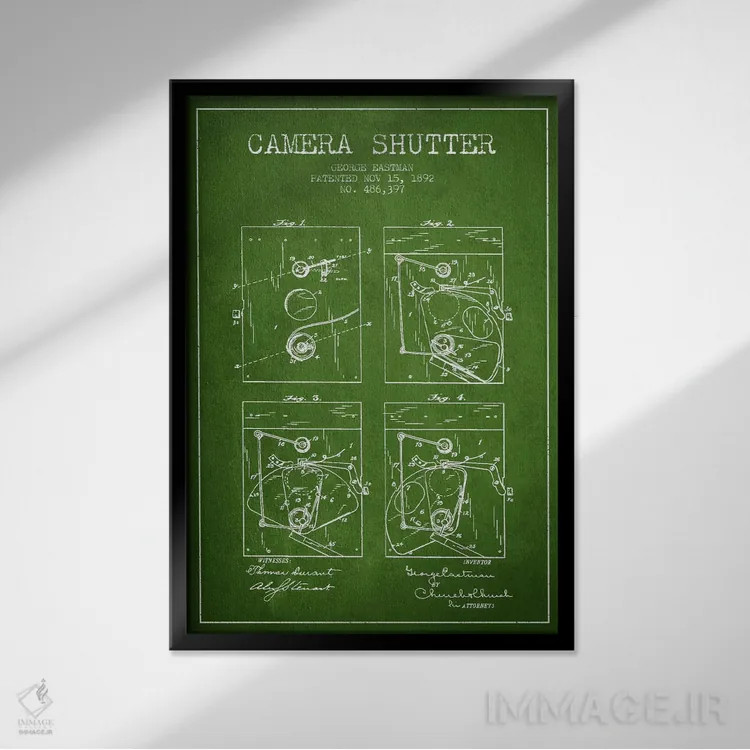 تابلو نقشهٔ اختراع شاتر دوربین (سبز) اثر پیکسل کهنه (استودیو/نام هنری) - نمای قابدار مشکی