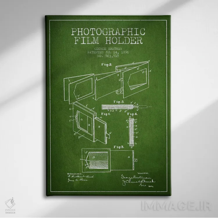 تابلو نقشهٔ اختراع نگهدارنده فیلم (سبز) اثر پیکسل کهنه (استودیو/نام هنری) - نمای روبهرو روی دیوار