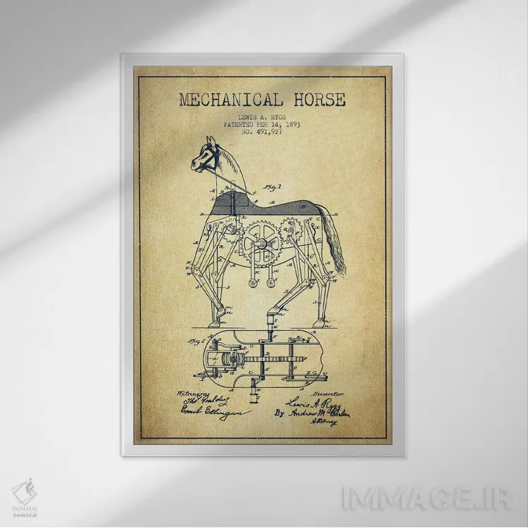 تابلو نقشهٔ اختراع اسب مکانیکی (قدیمی) اثر پیکسل کهنه (استودیو/نام هنری) - نمای قابدار سفید