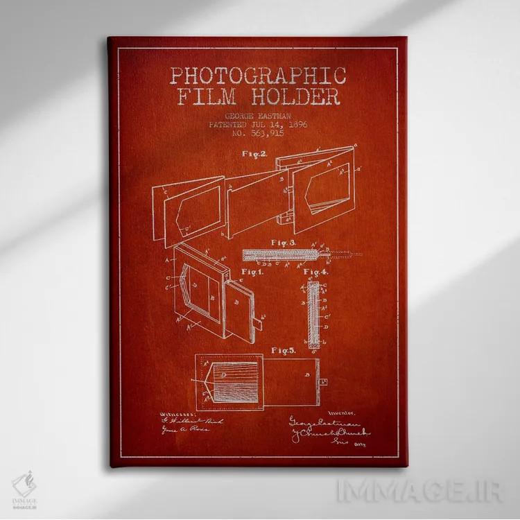 تابلو نقشهٔ اختراع نگهدارنده فیلم (قرمز) اثر پیکسل کهنه (استودیو/نام هنری) - نمای روبهرو روی دیوار