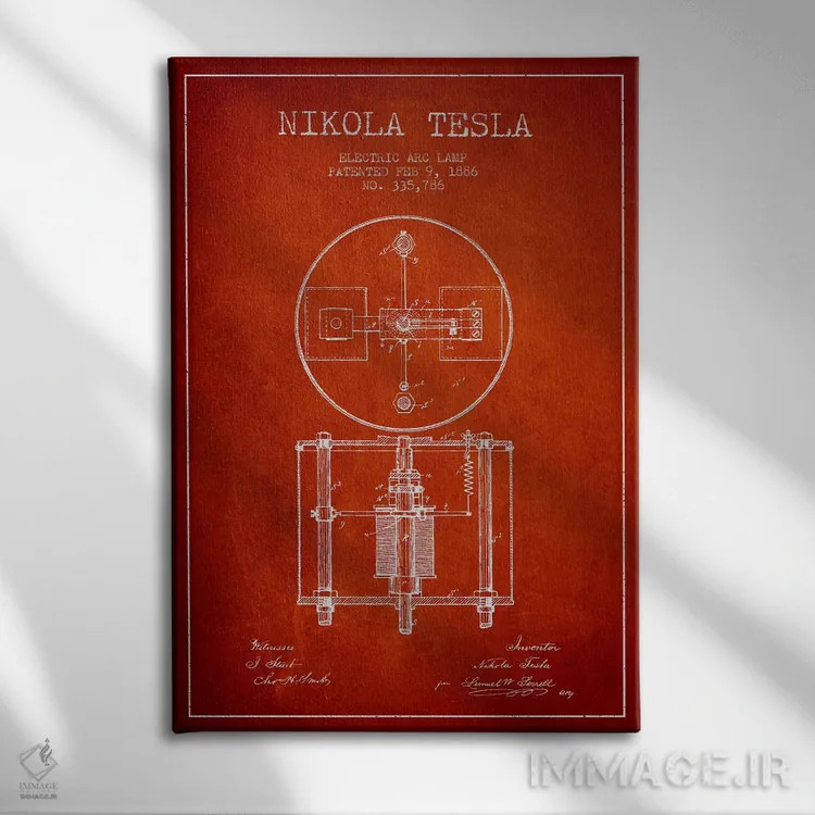تابلو نقشهٔ اختراع چراغ قوس تسلا (قرمز) اثر پیکسل کهنه (استودیو/نام هنری) - نمای روبهرو روی دیوار