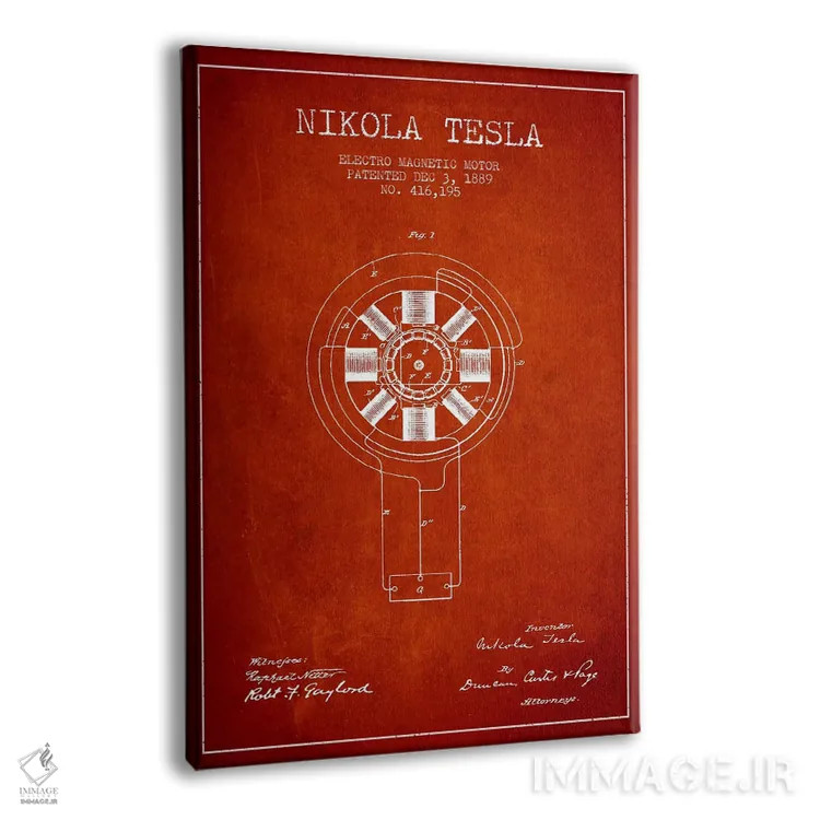 تابلو نقشهٔ اختراع الکترومغناطیس تسلا (قرمز) اثر پیکسل کهنه (استودیو/نام هنری) - نمای پرسپکتیو محصول