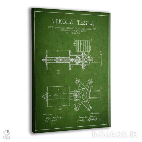 تابلو نقشهٔ اختراع تنظیمکننده تسلا (سبز) اثر پیکسل کهنه (استودیو/نام هنری) - نمای پرسپکتیو محصول