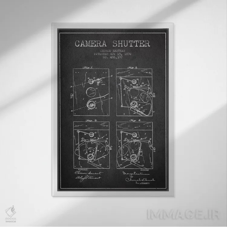تابلو نقشهٔ اختراع شاتر دوربین (ذغالی) اثر پیکسل کهنه (استودیو/نام هنری) - نمای قابدار سفید