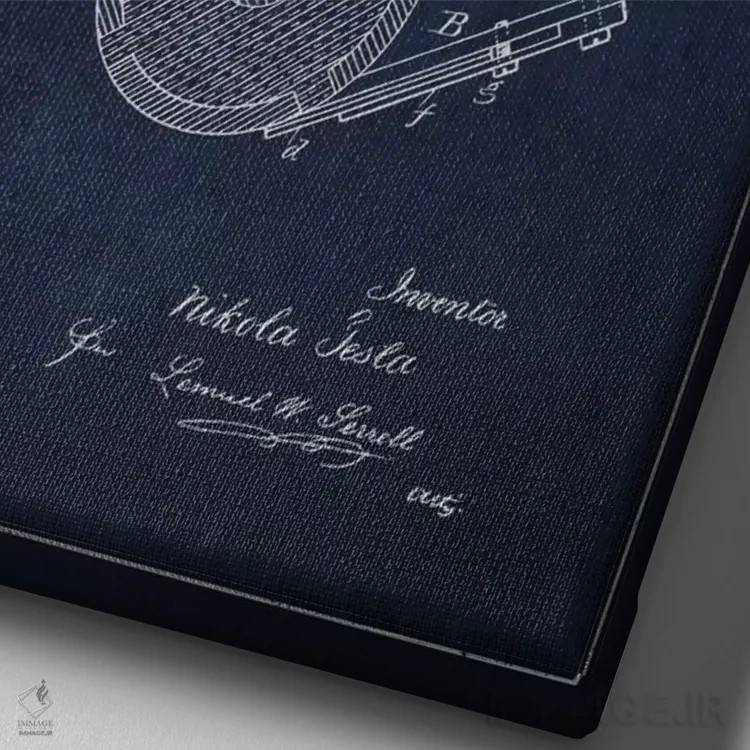 تابلو نقشهٔ اختراع کموتاتور تسلا (سرمهای) اثر پیکسل کهنه (استودیو/نام هنری) - نمای نزدیک بافت بوم