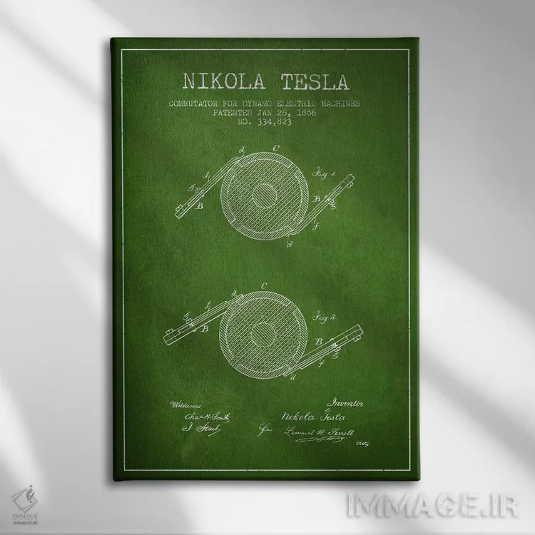 تابلو نقشهٔ اختراع کموتاتور تسلا (سبز) اثر پیکسل کهنه (استودیو/نام هنری) - نمای روبهرو روی دیوار