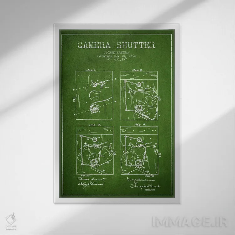 تابلو نقشهٔ اختراع شاتر دوربین (سبز) اثر پیکسل کهنه (استودیو/نام هنری) - نمای قابدار سفید
